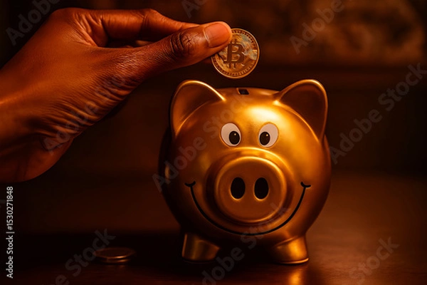 Fototapeta Golden piggy bank with a Bitcoin coin