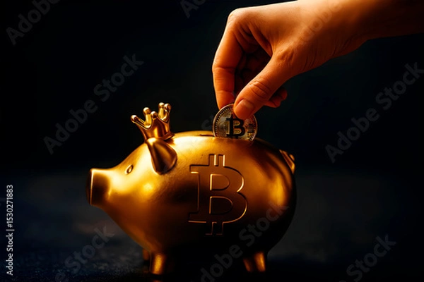 Fototapeta Inserting a Bitcoin coin into a golden piggy bank