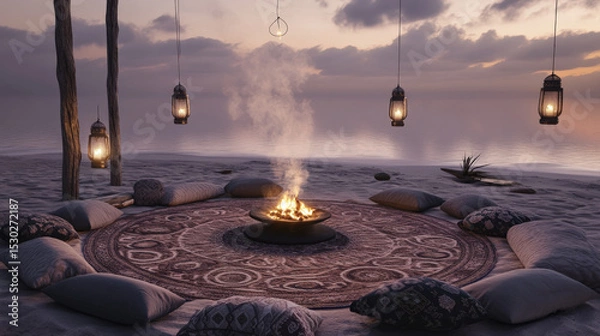 Obraz Patterned Rug Circle and Lantern Poles at Dusk Creating Intimate Atmosphere of Sommerwerft Gathering