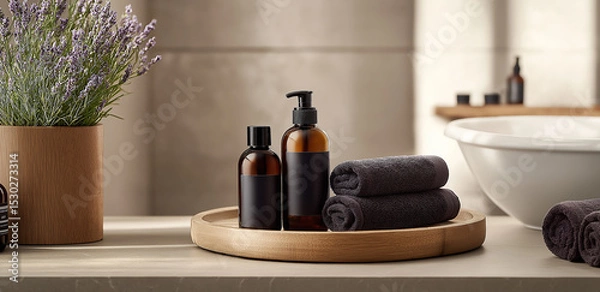 Fototapeta Bathroom scene: toiletries, black towels on a tray, with lavender, creating a natural and soothing atmosphere