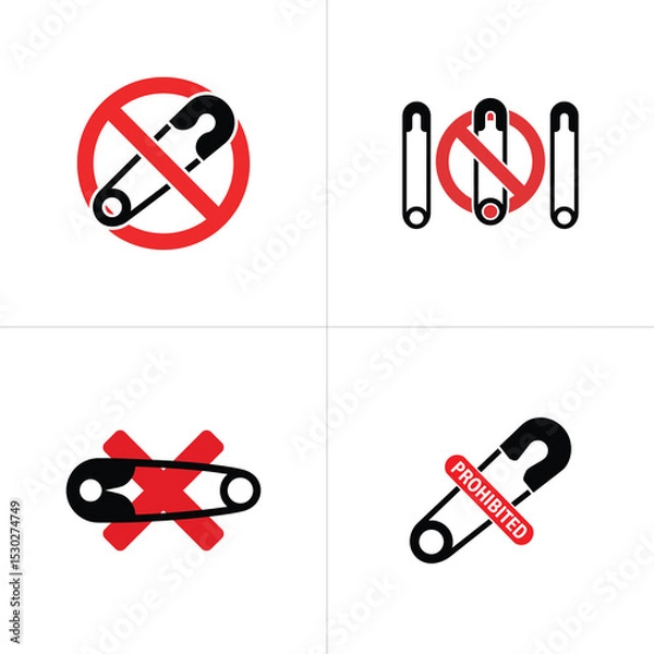 Fototapeta Black Safety Pins Set in Prohibition Sign on White Background Flat Icon