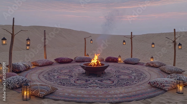 Obraz Patterned Rug Circle and Lantern Poles at Dusk Creating Intimate Atmosphere of Sommerwerft Gathering