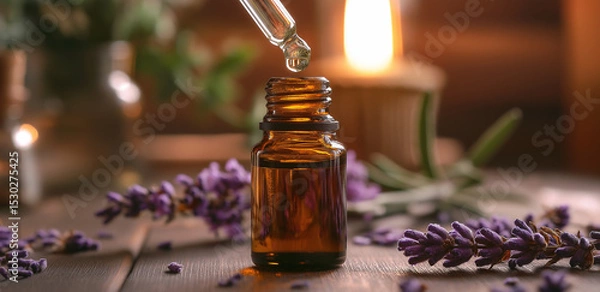 Fototapeta On a wooden table, a dropper dispenses liquid into an essential oil bottle, with lavender and a candle, creating a healing aromatherapy scene
