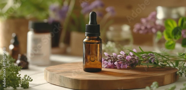 Fototapeta An essential oil bottle with a dropper on a wooden tray, surrounded by plants, flowers and jars, creating a natural healing aromatherapy scene
