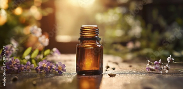 Fototapeta In a sunny setting, an essential oil bottle with plants on a wooden table shows a natural healing aromatherapy scene