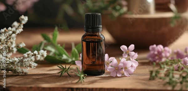 Fototapeta On a wooden table, an essential oil bottle is surrounded by flowers and plants, creating a natural, fresh, healing and relaxing aromatherapy scene