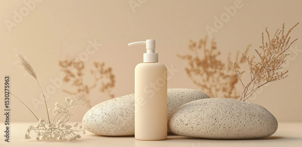 Fototapeta On a light beige background, a pump bottle pairs with pebbles and dried flowers, creating a minimalist natural healing atmosphere
