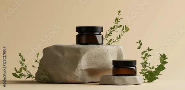 Fototapeta On a light beige background, two cream jars sit on stones, paired with green leaves, creating a minimalist natural atmosphere