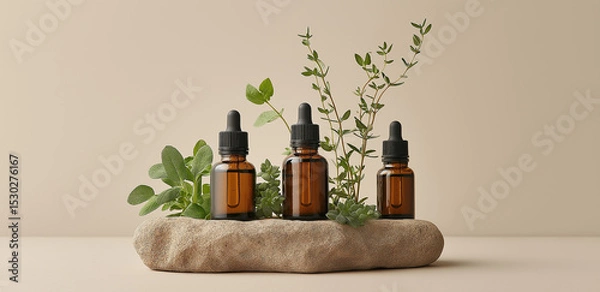 Fototapeta On a light background, three essential oil bottles rest on a stone, paired with fresh green branches and leaves, creating a natural healing atmosphere