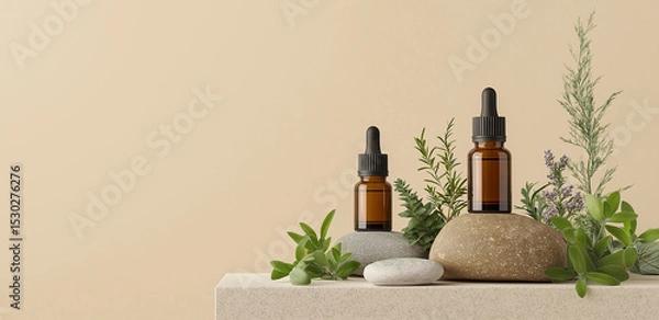 Fototapeta On a light - background tabletop, essential oil bottles, stones and greenery create a natural healing atmosphere