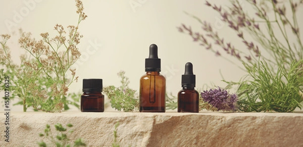 Fototapeta On a light - background tabletop, several essential oil bottles pair with various green plants, creating a natural healing atmosphere