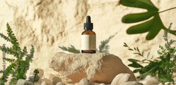 Fototapeta On a light beige background, an essential oil bottle sits on a stone, paired with green plants, creating a natural - healing minimalist atmosphere
