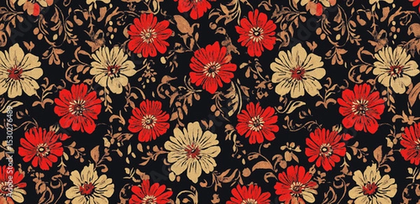 Fototapeta On a dark background, red and beige flowers with leaves form an elaborate and retro floral pattern
