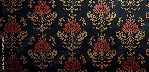 Fototapeta On a dark background, symmetrical patterns in gold and red form a retro and luxurious decorative design
