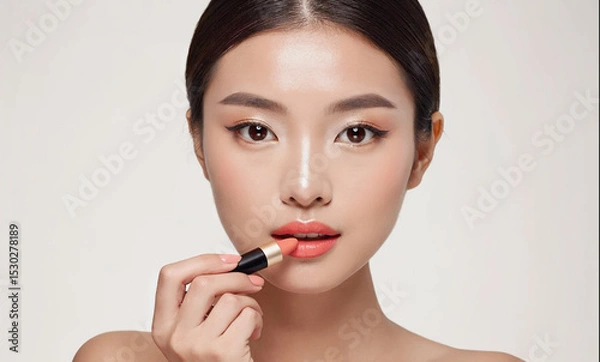 Fototapeta Asian woman applying coral lipstick, showcasing her natural beauty and elegant makeup style. Captured in a simple studio environment, emphasizing skincare routine. Image made using Generative AI.