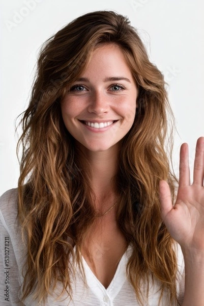 Fototapeta A cheerful young woman smiles and greets the camera with a friendly wave.