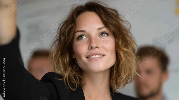 Fototapeta A confident woman taking a selfie in a modern workspace with colleagues in the background.