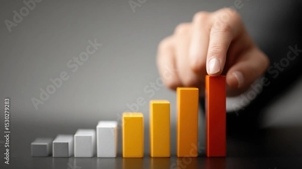 Fototapeta A hand touching a rising bar graph on a blurred background, symbolizing growth.