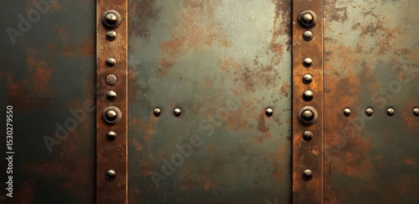 Fototapeta Rusted metal plate with regularly distributed rivets, showing retro industrial texture, suitable for machinery and decoration design scenarios.