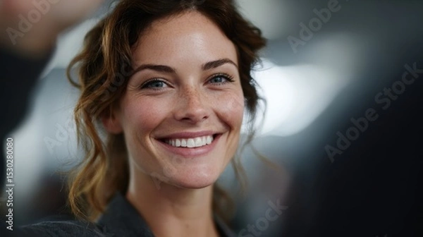 Fototapeta A smiling young woman exuding confidence and joy in a professional setting.