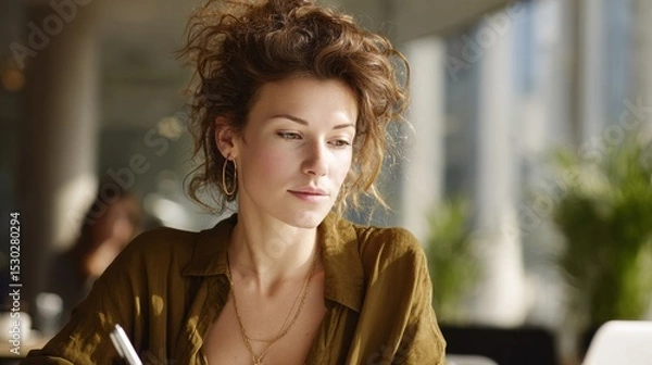 Fototapeta A thoughtful woman enjoying a quiet moment while writing in a cozy cafe.