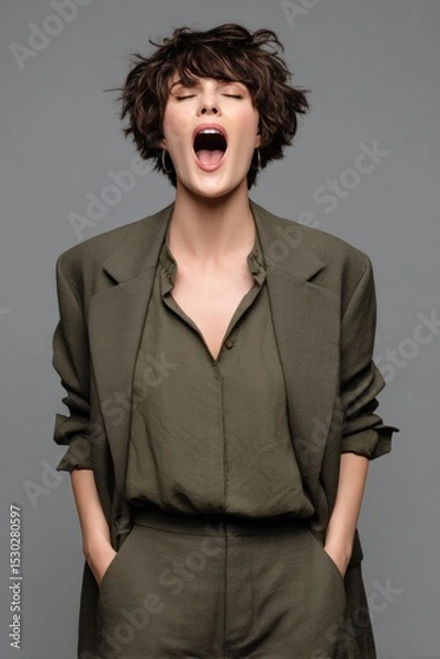 Fototapeta A woman expressing emotion with a yawn, showcasing a relaxed yet fashionable style.
