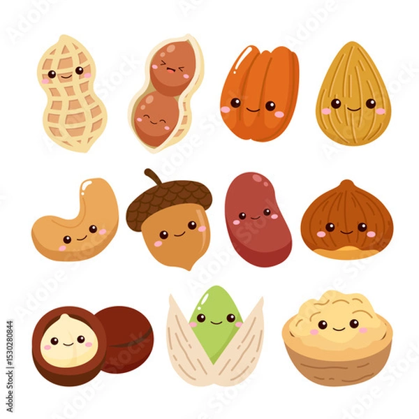 Obraz Set of cute nuts, cashew, walnut, almond, hazelnut, peanut cartoon