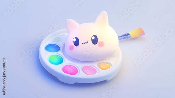 Fototapeta Cute Illuminated Cat-Themed Palette With Vibrant Colors and Paintbrush. Adorable glowing cat-shaped lighting accessory on a multi-colored artist palette background, inspiring creativity.