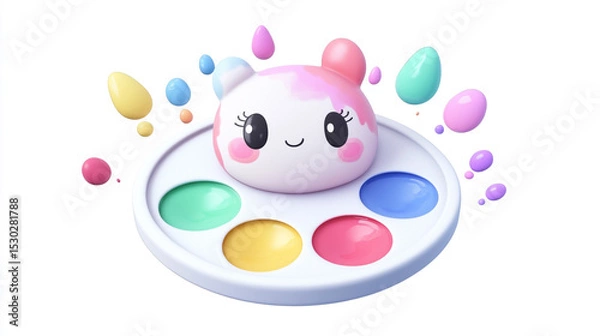 Fototapeta Chibi Kawaii Paint Palette Character with Colorful Colors.  charming and cheerful chibi-style character with pastel tones sits atop a round artist’s palette containing vibrant paint colors: green, yel