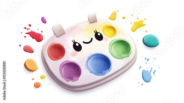 Fototapeta Chibi Kawaii Paint Palette Character with Colorful Background, this image captures a playful, creative, and adorable aesthetic. Perfect for backgrounds, children’s content, or kawaii-themed projects.