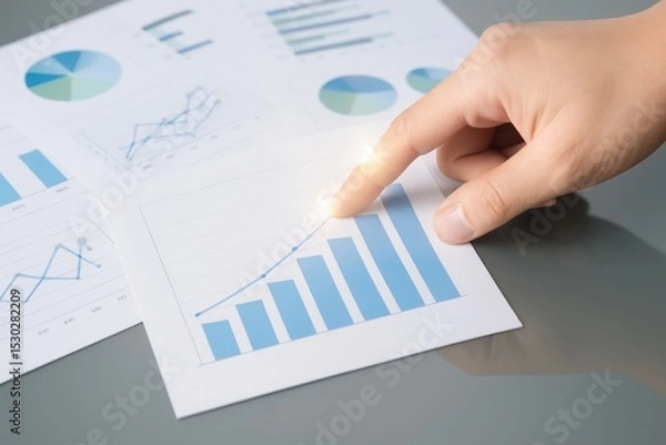 Obraz Hand Pointing at Financial Growth Chart with Business Graphs and Data Analysis Documents on Table for Financial Planning and Strategy Overview