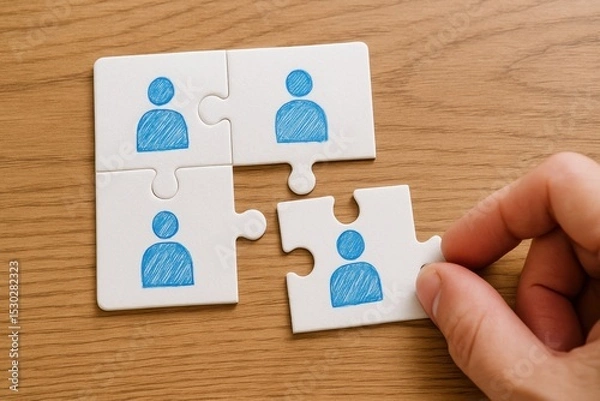 Obraz Hand Placing Last Piece of Puzzle with Human Figures on Wooden Table Representing Teamwork, Collaboration, and Problem Solving
