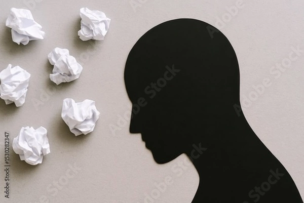 Obraz Silhouette of a Human Figure with Crumpled Paper Balls on a Beige Background Representing Ideas, Creativity, and Mental Blocks in Artistic Design