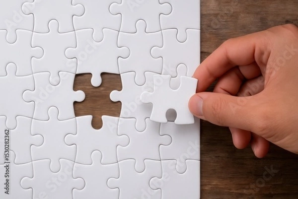 Obraz Hand Inserting Last Piece of White Puzzle on Wooden Surface, Concept of Completion, Problem-Solving, and Finding Solutions in Life and Business Affairs
