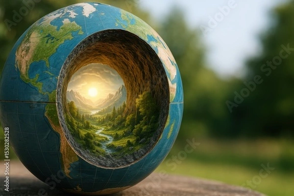 Obraz Enchanted Landscape Within Earth Sphere Showcasing Nature's Beauty and Serenity with Glowing Sun, Vivid Forests, and Majestic Mountains