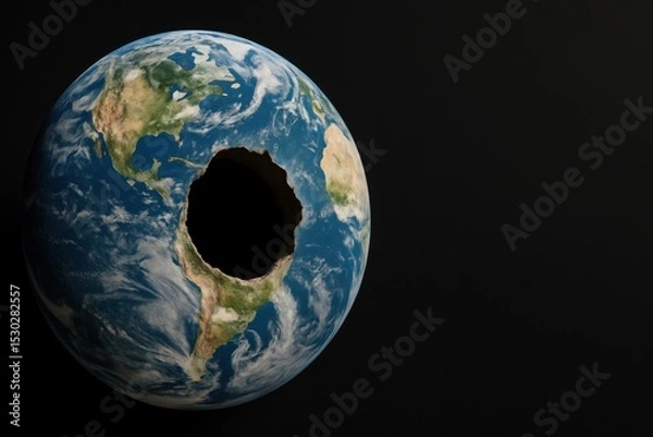 Obraz Surreal Concept of Earth with a Large Hole Representing Environmental Issues and Global Challenges in a Dark Background