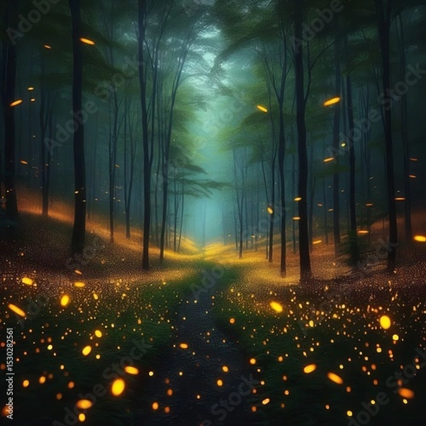 Fototapeta Firefly Synchronization forest at dusk