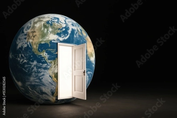 Obraz Open Door to the World: Concept of Opportunities and New Beginnings with Globe and Door Symbolizing Exploration and Possibilities in Dark Background