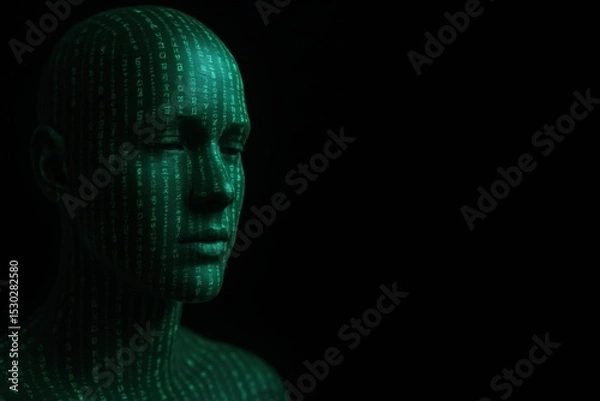 Obraz Abstract Representation of Digital Identity with Green Code Projection on a Human-Like Figure Against a Dark Background