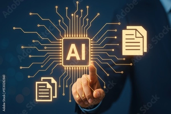 Obraz Futuristic Representation of AI Technology with Circuit Design, Documents, and Human Interaction in a Professional Setting