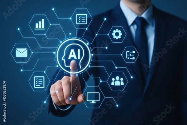 Obraz Businessman Interacting with Innovative Artificial Intelligence Technology and Data Analysis Icons in Modern Digital Concept