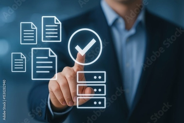 Fototapeta Business Professional Using Digital Technology to Manage Documents with Checkmark and Server Graphics in Modern Office Setting