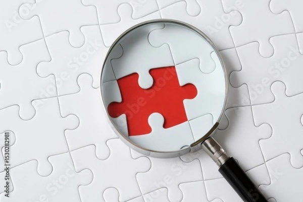 Obraz Close-up View of a Magnifying Glass Focused on a Single Red Puzzle Piece Amidst White Puzzle Pieces on a Light Background