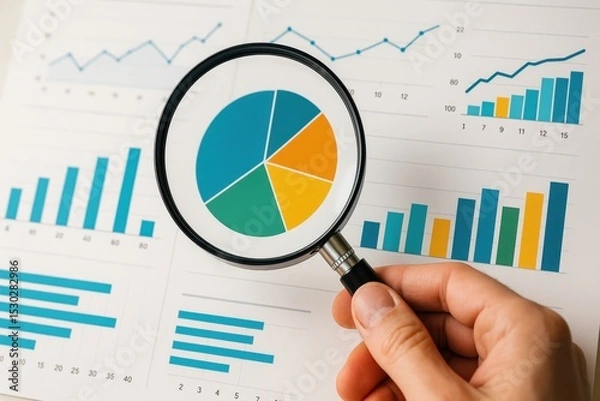 Obraz Detailed Business Analysis with Charts and Graphs Featuring a Magnifying Glass to Highlight Data Insights and Growth Trends in Reporting and Evaluation