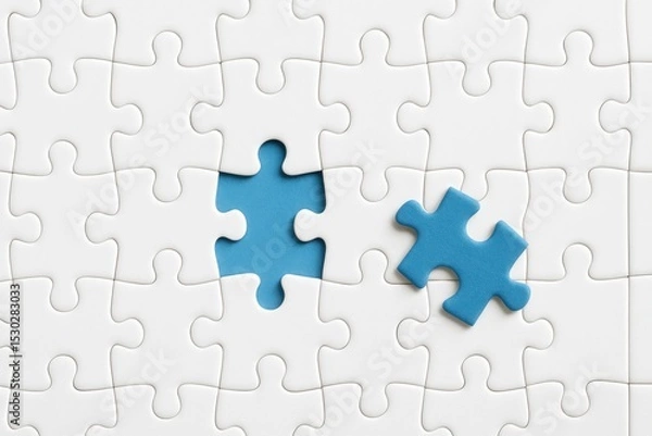 Obraz Missing Piece in a Puzzle with Blue Insert and White Background, Concept of Completion, Challenge, and Problem Solving