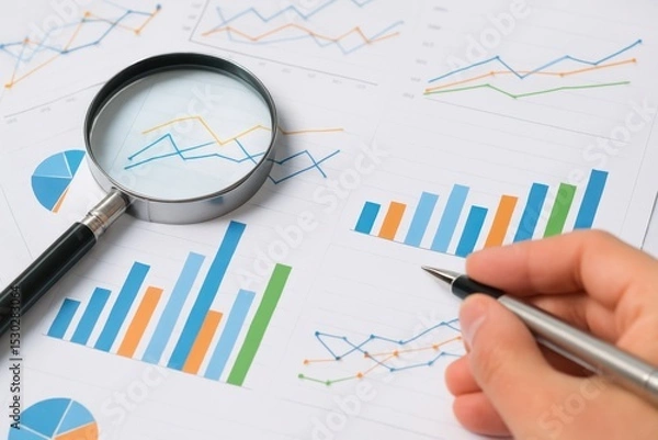 Obraz Detailed Analysis of Business Data with Graphs, Charts, and Magnifying Glass on Documents for Financial Insight and Interpretation