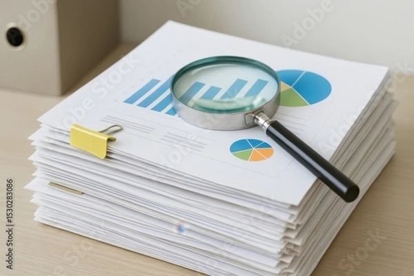 Obraz Detailed Analysis of Business Reports with Charts and Graphs Under a Magnifying Glass on a Wooden Desk for Data Insights and Financial Review