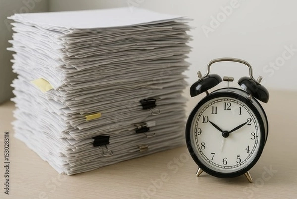 Fototapeta Clock Next to Stack of Documents on Wooden Desk for Time Management and Organization Concept in Office Workspace Setting