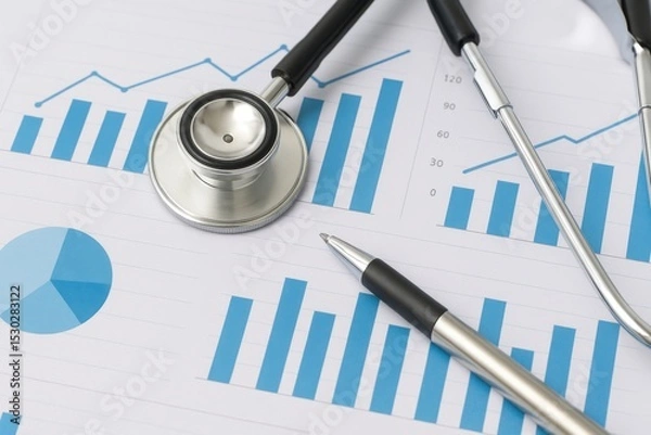 Obraz Medical Analysis Stethoscope and Charts on Paper with Pen for Healthcare Statistics and Report Review in Clinical Environment