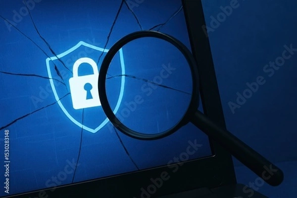 Obraz Close-up of Cracked Laptop Screen with Magnifying Glass Highlighting Locked Security Shield Icon in Blue Background